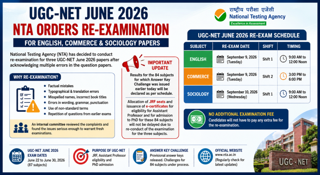 UGC-NET June 2026: NTA Orders Re-Examination for English, Commerce and Sociology